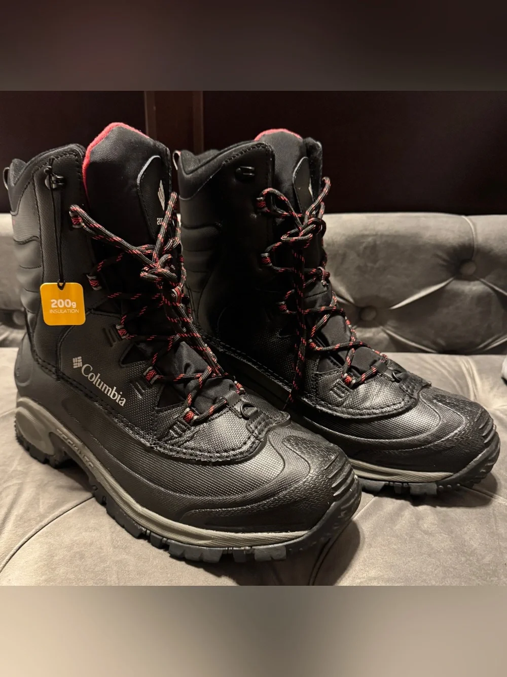 Columbia Men’s Bugaboot Black Winter Boots with Red Accents